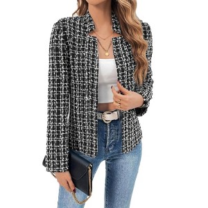 Coolmee Women's Tweed Blazers Long Sleeve Notch Collar Fully Lined Jackets Casual Business Fashionable Elegant Work Office Coats S Black - 1 of 4