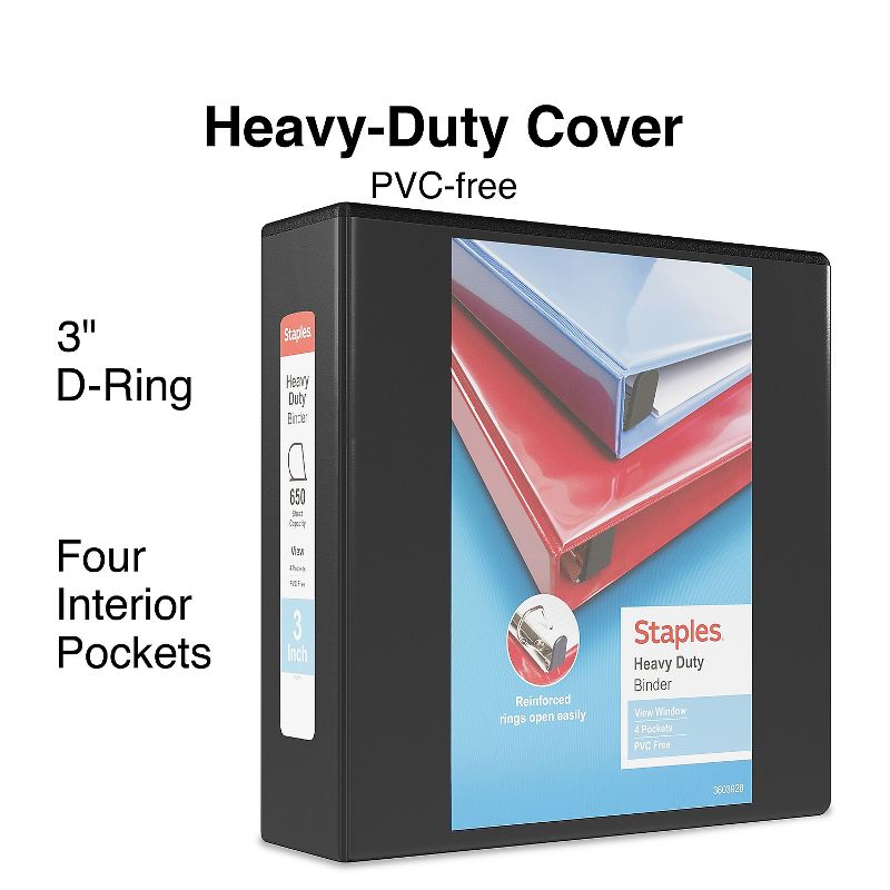 Staples Heavy-Duty 3" 3-Ring View Binders Black 4/Carton (24690CT) 56234CT/24690CT, 3 of 9