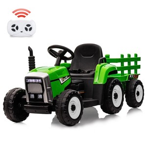 12V Kids Battery Powered Electric Tractor with Trailer, Toddler Ride On Car, RC, 7-LED Headlights/ 2+1 Gear Shif, for Kids - 1 of 4