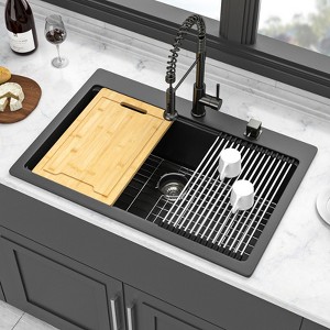 Gulches Black Granite Composite Workstation Drop-in Quartz Kitchen Sink, 33x22" - 1 of 4