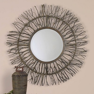 Josiah 38" Round Brown and Gray Birch Wood Mirror