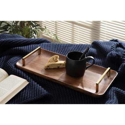 Walnut Brown Acacia Wood Rectangular Serving Tray with Gold Handles
