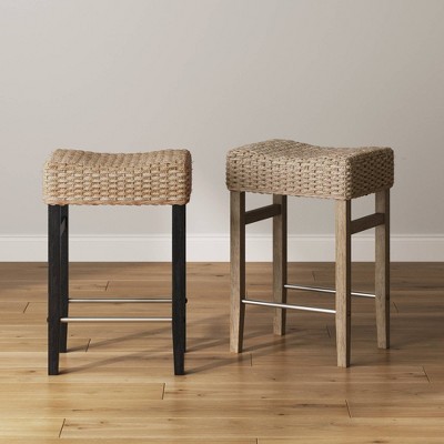 Black and Natural Woven Rattan Saddle Bar Stool with Metal Footrest