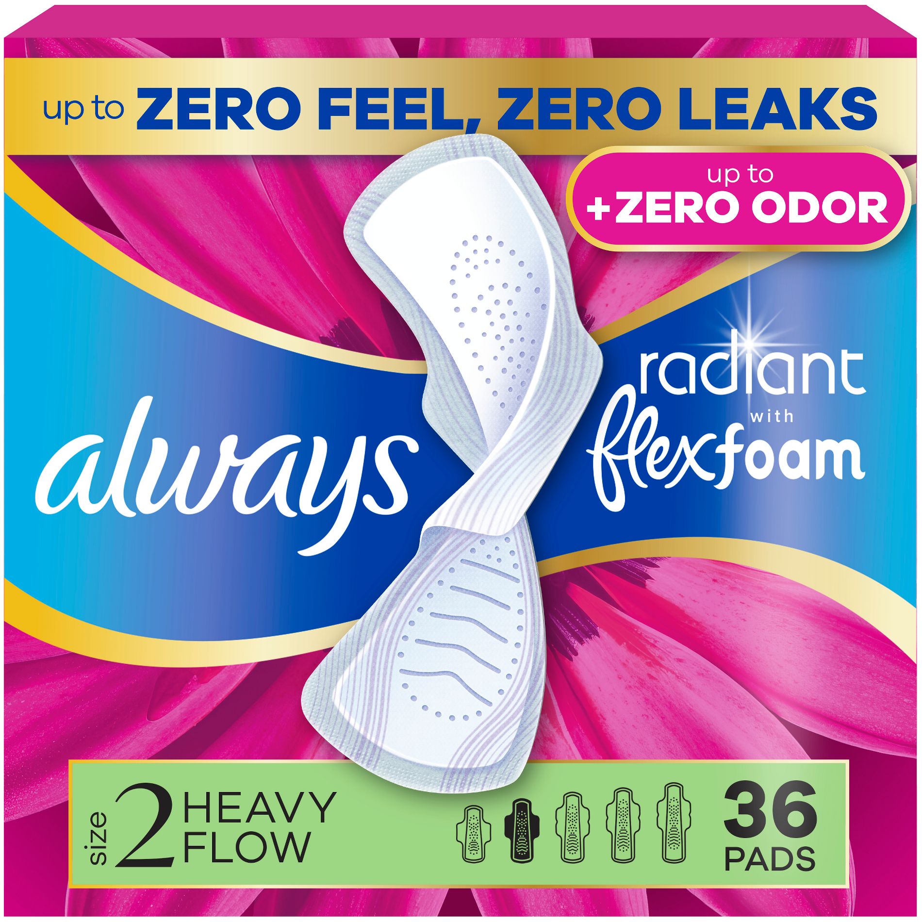 Always Radiant FlexFoam Heavy Flow Absorbency Pads with Wings - Scented - Size 2
