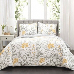 Reversible Floral Quilt King Size 3 Piece Set, Yellow Gray - 1 of 4