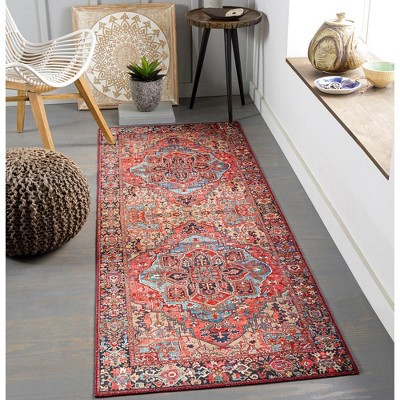 Manche Traditional Bright Red and Navy Synthetic Area Rug 3'6" x 5'6"