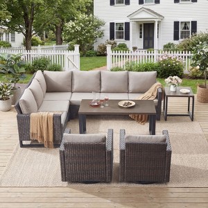 Buenhomino Outdoor Furniture Sectional Sofa L Shaped Couch - Patio Wicker Set with 2 Swivel Glider Chairs, 7 Piece Patio Conversation Set with Cushion - 1 of 4