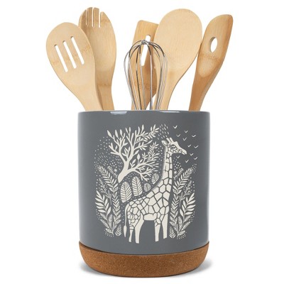 Elanze Designs Kitchen Utensil Holder With Non Slip Cork Base Large 8 Inch Ceramic Storage Crock Safari Animal Countertop Organizer Giraffe Gray