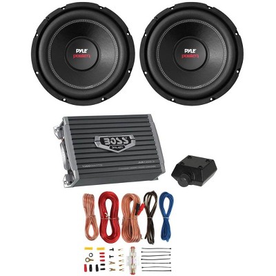 Pyle PLPW12D 12" 3200W Car Subwoofers Stereo Subwoofer Subs (2 Pack), Boss AR12002 1200W 2 Channel 2 Ohm Amplifier, & Soundstorm AKS8 Amp Kit