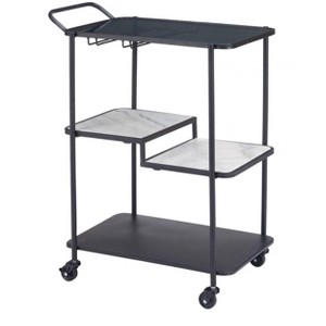 Bar Cart Black – 32.3"H Tinted Tempered Glass Shelves with Natural Marble Accents, Modern 3-Tier Serving Cart By Zuo Modern - 1 of 4
