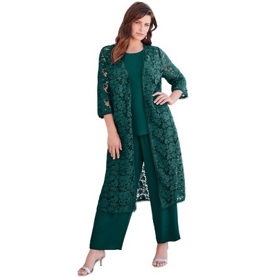 Roaman's Women's Plus Size Petite Lace Duster Pant Set