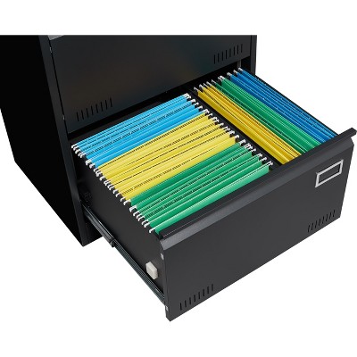 Open drawer of a black metal filing cabinet showing color-coded folders