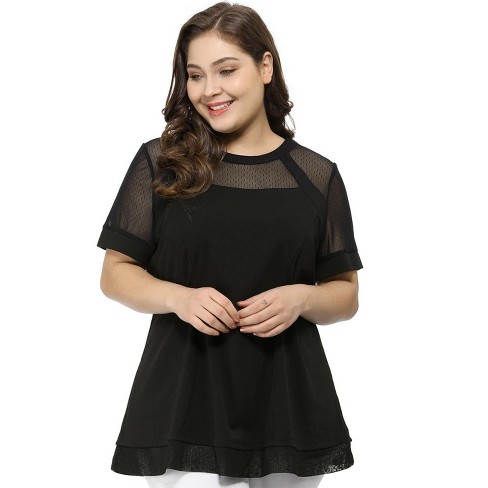 Agnes Orinda Women's Plus Size See-through Round Neck Short Sleeve Swing  Peplum Mesh Lace Top Black 1X