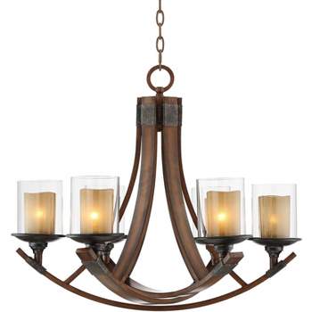 Franklin Iron Works Mahogany Wood Finish Chandelier 27 1/2" Wide Rustic Curving Clear Outer Scavo Inner Glass 6-Light Fixture Dining Room