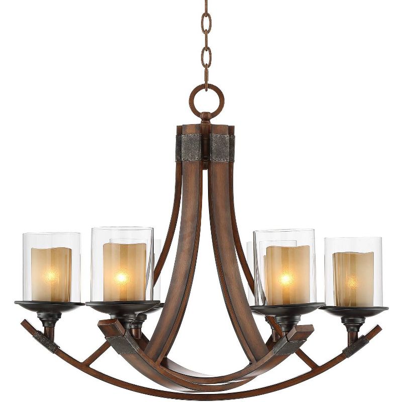 Franklin Iron Works Mahogany Wood Finish Chandelier 27 1/2" Wide Rustic Curving Clear Outer Scavo Inner Glass 6-Light Fixture Dining Room, 1 of 10