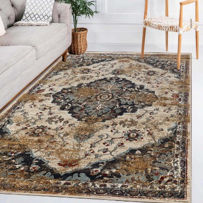 Abena Blue-Cream Traditional Medallion 8' x 10' Area Rug