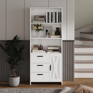 6-Tier Bookshelf with Door and 3 Drawers, 71 in H Tall Bookcase with 3-Tier Open Shelves - 1 of 4