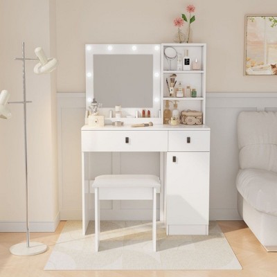 NicBex Makeup Vanity Desk with Mirror and Light,Modern Makeup Table with Drawers for Bedroom,White