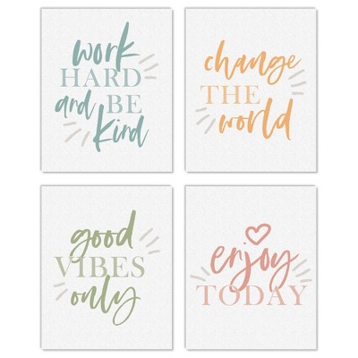 Big Dot of Happiness Work Hard and Be Kind - Unframed Inspirational Quotes Linen Paper Wall Art - Set of 4 - Artisms - 8 x 10 inches Colorful