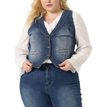 Agnes Orinda Women's Plus Size Denim Sleeveless V Neck Button Down Waistcoat Jean Vest