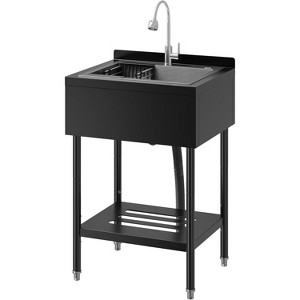 26 Inch Commercial Stainless Steel Utility Sink, Freestanding Stainless Steel Kitchen Sink with Hot & Cold Water Faucet, Drain Basket, Black - 1 of 4