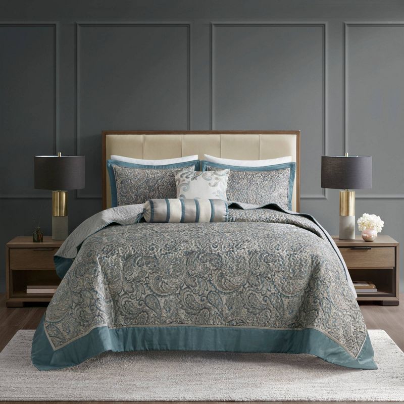 5pc Charlotte Jacquard Bedspread Set with Throw Pillows Dark Teal Blue - Madison Park, 3 of 11