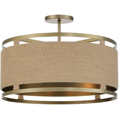 Minka Lavery Rustic Ceiling Light Semi Flush Mount Fixture 20 1/2" Soft Brass Natural Rope Drum Shade for Bedroom Kitchen Hallway