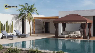 Cream White and Brown Aluminum Frame Patio Gazebo with Mesh Curtains