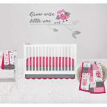 Bacati - Owls in the Woods Pink Fuchsia Gray 4 pc Baby Girl Crib Bedding Set with Diaper Caddy