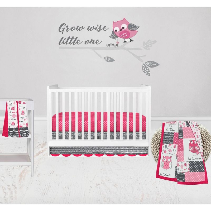 Bacati - Owls in the Woods Pink Fuchsia Gray 4 pc Baby Girl Crib Bedding Set with Diaper Caddy, 1 of 10