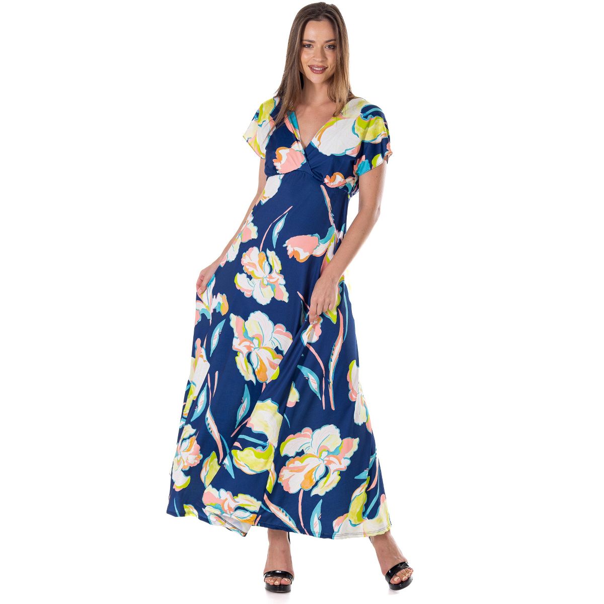 24seven Comfort Apparel Womens Navy Floral Print V Neck Empire Waist Cap Sleeve Maxi Dress - thumbnail 4