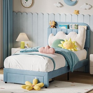 Twin Platform Bed Frame for Kids, Stylish Velvet Upholstered Headboard and Convenient Storage Drawer, Suitable for Organizing Toys and Essentials. - 1 of 4