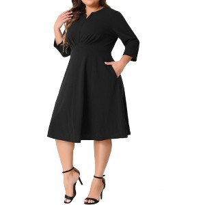 Agnes Orinda Women's Plus Size Wedding Split Neck 3/4 Sleeve Pocket A-Line Midi Dress - 1 of 4