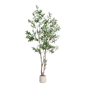 Nearly Natural 7-ft Artificial Minimalist Olive Tree in White Decorative Planter - 1 of 4