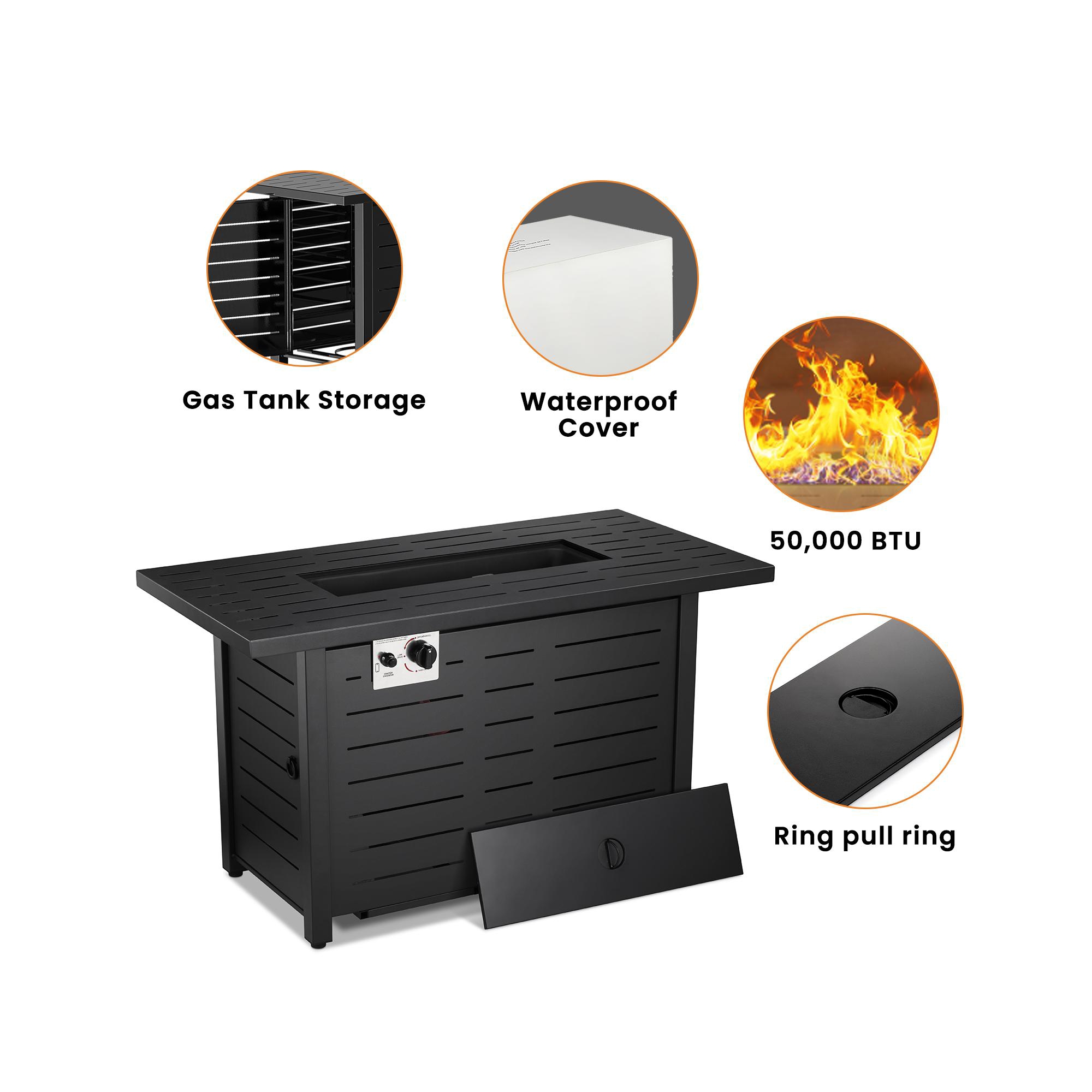 R.W.FLAME 43" Gas Fire Pit Table, 50,000 BTU Propane Burner with Steel Lid & Glass Stone, 2-in-1 Fire Pit & Table for Patio，Backyard Gatherings