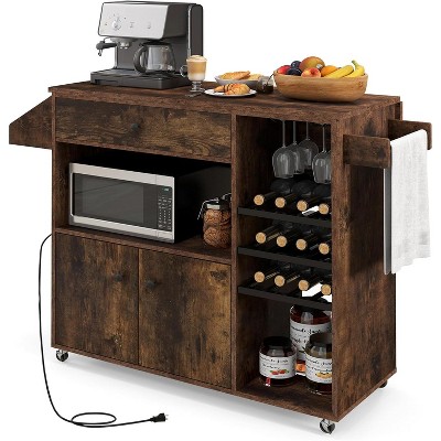 Tangkula Drop Leaf Kitchen Island Cart with Power Outlet Mobile Buffet Storage Cart with Microwave Shelf Wine Rack Stemware Rack White & Natural/Black & Natural/Rustic Brown