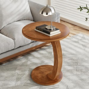 Gulches Small Round C-Shaped End Table (Brown) Retro Boho Wooden Sofa Side Table/Bedside Nightstand for Living Room - 1 of 4