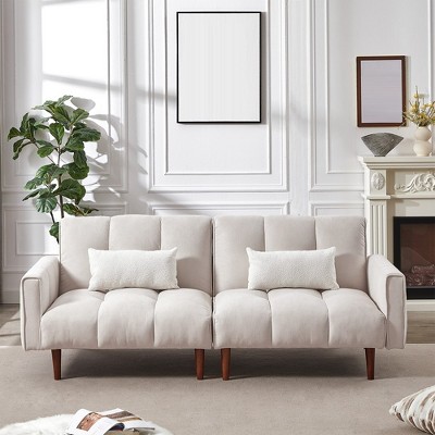 Multifunctional Futon Sofa Bed, With Wooden Legs, 2 Pillows, Convertible Upholstered Guest Sleeper, Adjustable Couch Sleeper