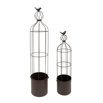 VIP Metal 32.25 in. Gray Cage Planter with Bird Set of 2