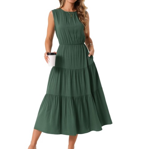 Женские платья INSPIRE CHIC Women's Summer Sleeveless Crewneck Tiered Casual Flowy Midi Sundress with Pockets Medium Army Green