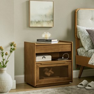 GDFStudio Bruce Mid-Century Modern 23.6" Wood and Glass Nightstand with 2 Drawers and USB Ports, Light Brown - 1 of 4