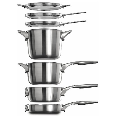 Calphalon Premier Space Saving Stack and Nest Versatile Stainless Steel 15 Piece Kitchen Pot and Pan Cookware Set, Silver