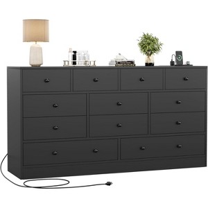 Jojoka 61" Wood Dresser w/ 12 Drawers, Built-in Power Outlet & Metal Glide Rails - Spacious Storage Chest for Bedroom, Living Room & Hallway - 1 of 4