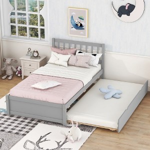 Twin Size Platform Bed With Trundle, Hollow Headboard Platform Bed, Wooden Slats Support, No Box Spring Needed, Easy Assembly - 1 of 4