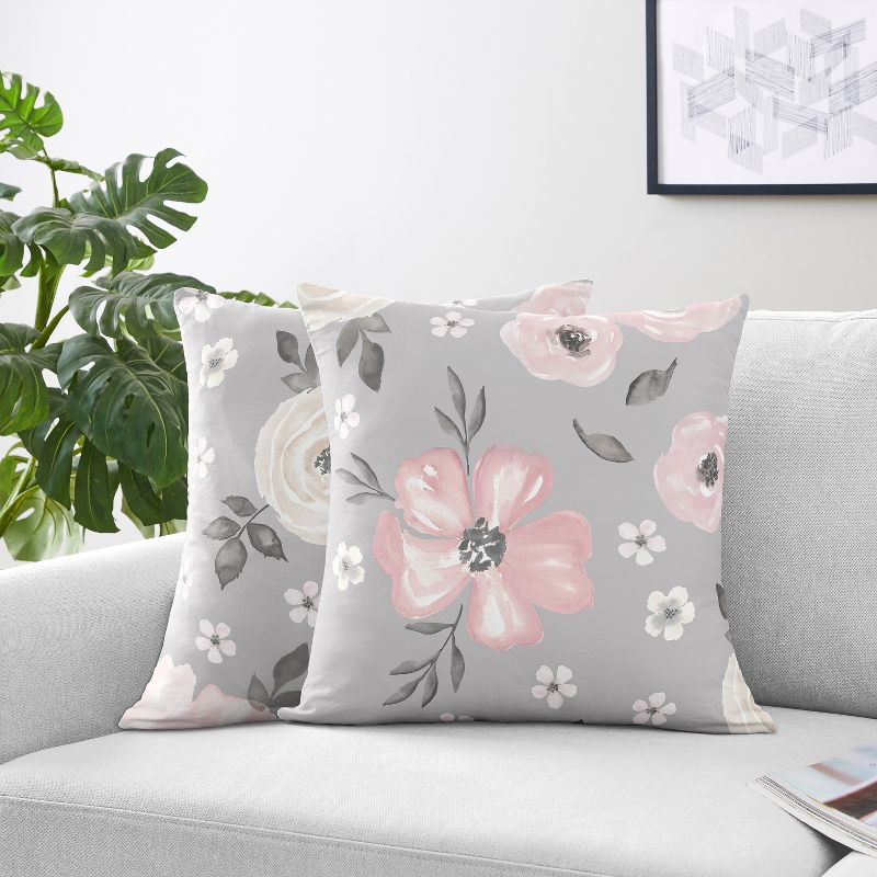 Sweet Jojo Designs Set of 2 Decorative Accent Kids' Throw Pillows 18in. Watercolor Floral Grey and Pink, 3 of 6
