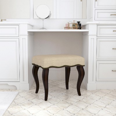 19" Burnished Oak and Cream Upholstered Backless Vanity Stool
