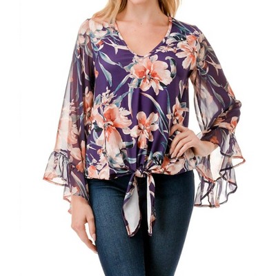 Women's JANE V-NECK RUFFLE SLEEVE TOP - VaVa