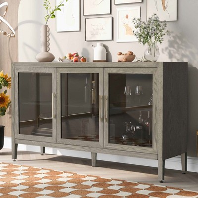 Grey 2-Tier Glass Door Storage Cabinet with Adjustable Shelf - American Style Accent Cabinet for Living Room, Office, 220LBS Capacity