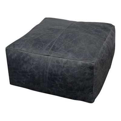 Moti Java Pouf 22" Upholstered in Genuine Leather in Antique Black Contrast Stitching