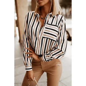 Women's V-Neck Long-Sleeve Striped Shirt Lightweight Button-Down Blouse for Casual or Work Wear - 1 of 4
